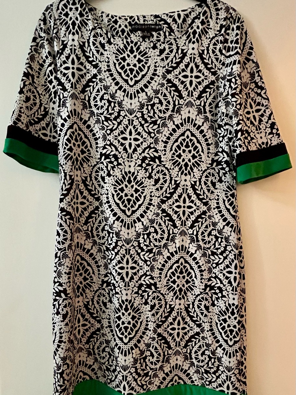 madison leigh Black and White Lace-Style Midi Dress with Green Trim